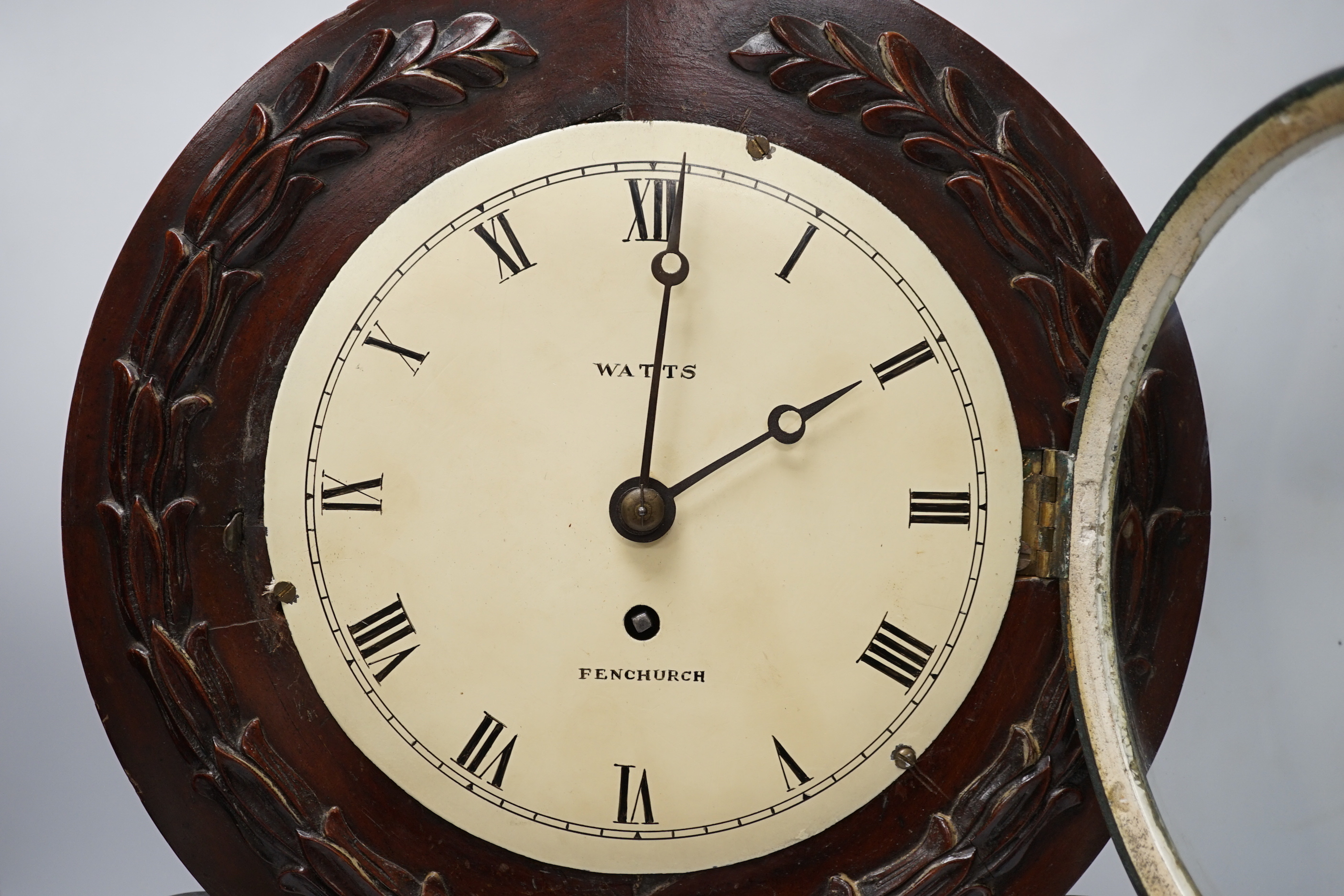 A 19th century mahogany mantel timepiece, enamelled dial signed Watts, Fenchurch, 48cm high